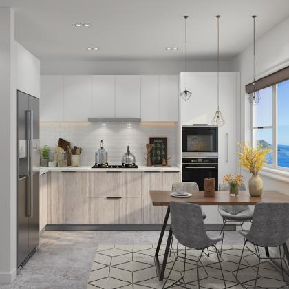 L shape wood grain and white color Simple Apartment kitchen cabinet